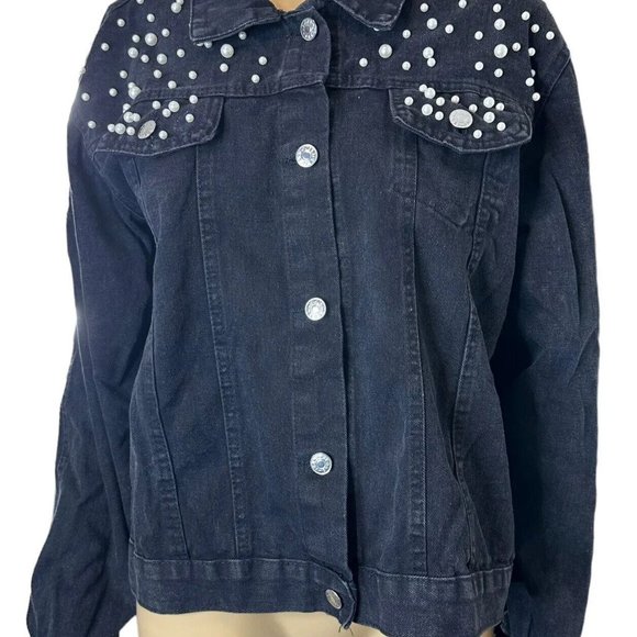 Womens Wash Denim Jackets Large Black White Mid Length Decorated With Pearls - Picture 6 of 16